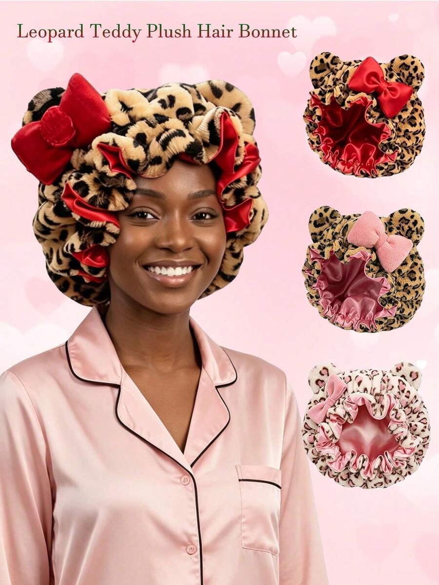 Leopard Print Plush 3D Cat Ear Headband Bow Hair Cap, Quick-Dry Soft Sleep Hair Cap, Suitable For Daily And Nighttime Hair Care