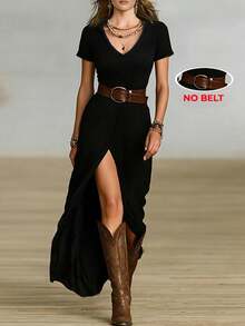 Solid Color Casual Waist Belt Beach Dress Black Elegant Summer - Black - View 3