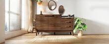 Living Room Sideboard In Oak Decor - Marble Effect Top + 3 Drawers & Double Door Cabinet - 深色橡木 - 查看 10