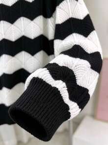 Slouchy Casual Loose Hollow Knit Top Contrast Color Striped Long Sleeve Crew Neck Pullover Black - Black - View 4