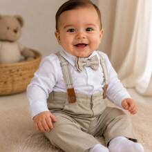 Conjunto Infantil Menino Social Camisa Manga Longa e Body Calça Com Suspensorio e Gravata Borboleta para festa Casamento - Bege/Branco - Visão 18