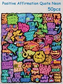 50pcs Positive Affirmation Quote Neon Stickers Neon Light Aesthetic Decal DIY Scrapbook Phone Fridges Drum Laptop Suitcase Decorative Stickers - Multicolor - View 2