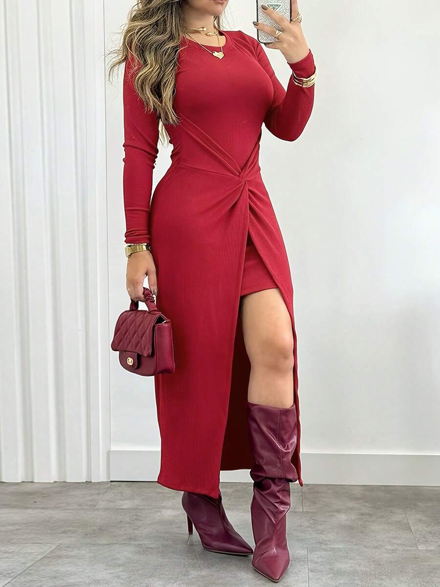 Elegant Casual Solid Color Knit Fabric Slit Dress For Daily Wear In Autumn/Winter Red - Red - View 1