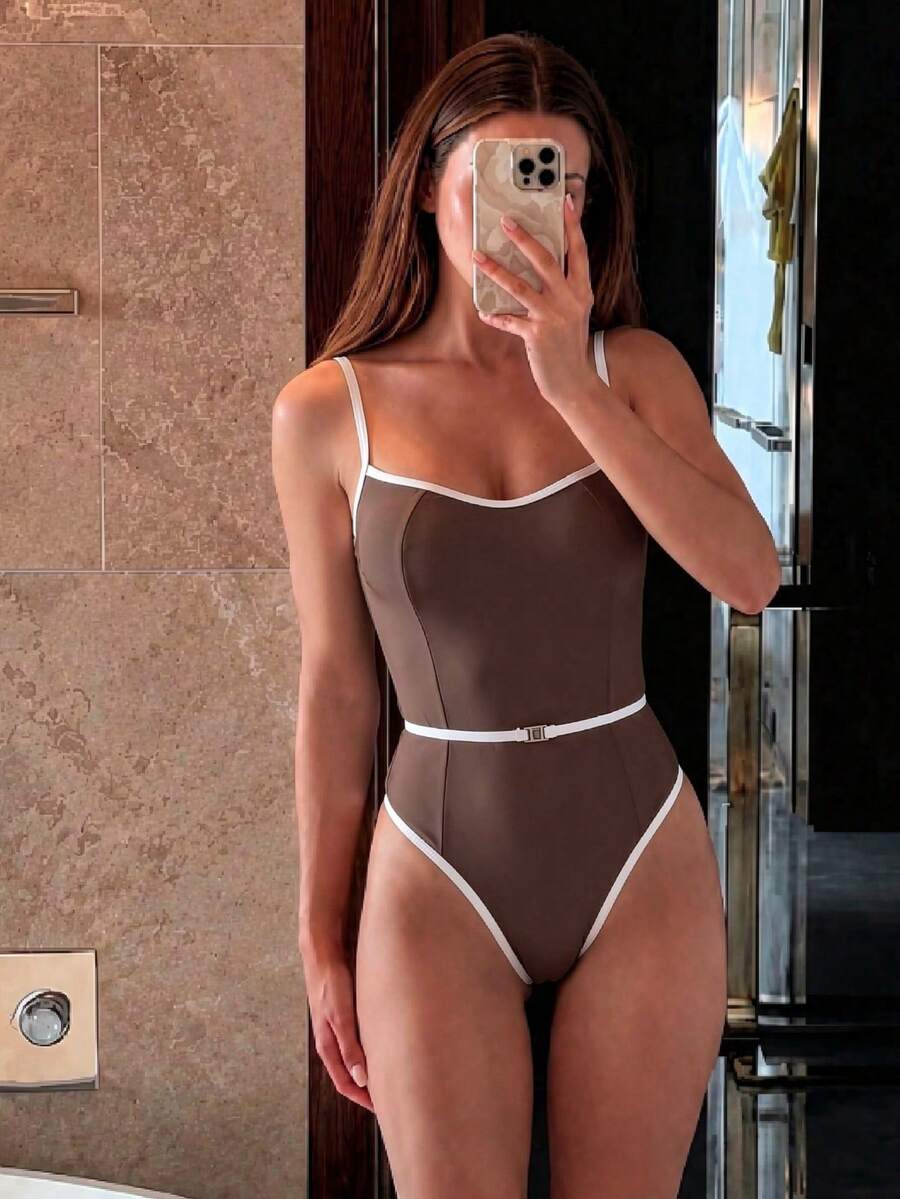 HOTTIE HABIT 女款無袖連身泳衣,高彈性面料,優雅沙灘裝,休閒比基尼泳褲,舒適夏季泳裝 - 彩色 - 查看 1