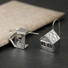 1 Pair Retro Mini House Shaped Earrings For Women, Wave-Style Earring Hook Design, Suitable For Casual Daily Wear - Silver - View 11