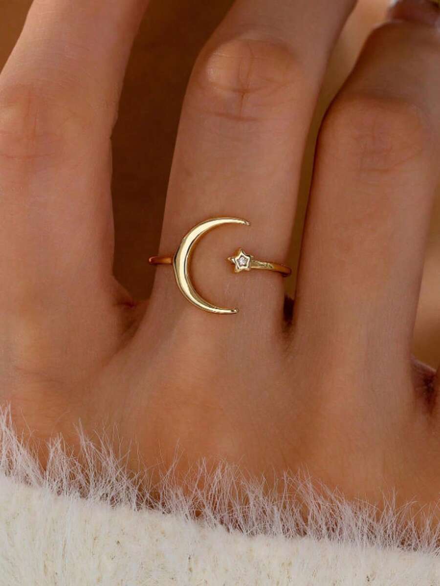 1pc Adjustable Star & Moon Design Ring For Women - Gold - View 1