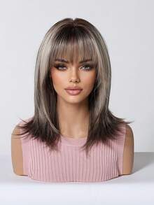FIVE STARS Fashionable 16-Inch Gray Highlights Straight Synthetic Wigs With Neat Bangs: Natural-Looking And Heat Resistant For Party Cosplay Daily Use - Multicolor - View 4