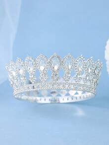 1pc Vintage Elegant Royal Full Rhinestone Palace Crown, Bohemian Castle Luxury Bridal Wedding Headpiece Accessory - Silver - View 3