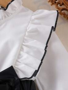 Baby Girl Spring/Autumn Black & White Sweet & Spicy Style Ruffle Collar Flounce Hem Shirt-Style Top With Color Block Faux Leather Big Bow A-Line Skirt Long Sleeve Dress - Black - View 6