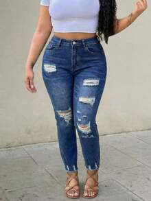 Women's Casual Distressed Tapered Cropped Jeans - Dark Wash - View 5