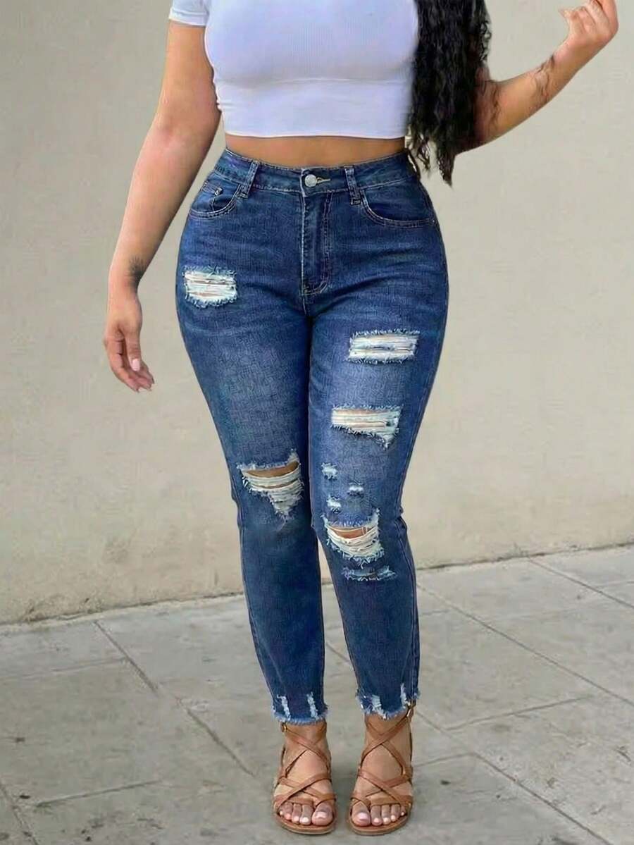 Women's Casual Distressed Tapered Cropped Jeans - Dark Wash - View 1