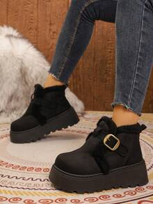 Women's Warm Fleece Trim Thick Sole Snow Boots, Metal Buckle Slip-On Faux Suede Short Ankle Boots, Non-Slip Serrated Sole Winter Daily Shoes - Black - View 2