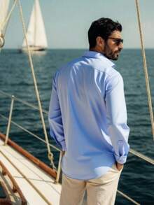 Men's Solid Color Long Sleeve Single-Breasted Casual Dress Shirt - Blue - View 5