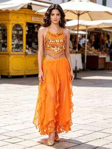 Bohemian Belly Dance Coin Sequin Halter Top, Side Slit Flowy Chiffon Wide Leg Pants For Market, Festival Carnival, Travel Photoshoot And Themed Event - Multicolor - View 18