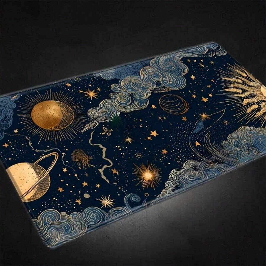 A Playmat Featuring A Design Of Celestial Bodies-Such As The Sun, Moon, Saturn, And Stars-Making It Perfect For Trading Card Games. This Vintage-Style Astronomical Pattern Makes For An Excellent Gift. - A - View 1