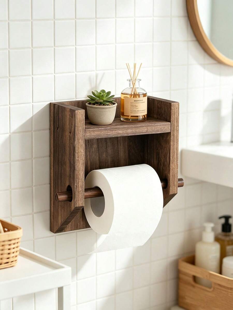 Toilet Paper Holder With Storage Shelf And Phone Holder, Easy Install Wall-Mounted Wooden Toilet Paper Holder, Farmhouse Rustic Style - One Size Fits All - View 1