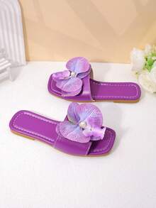 1 Pair Girls Purple Floral Sandals, Anti-Slip Wear-Resistant Square Toe Flat Bottom Sweet Style, Spring/Summer - Purple - View 7