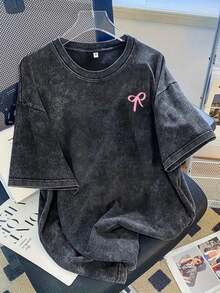 Women Vintage Washed Tee, 230G Thick Oversized Crew Neck Short Sleeve, Retro Street Loose Fit Casual Top For Spring Summer Machine Washable Daily Wear - 黑色 - 查看 16
