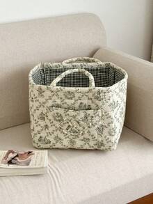 1pc Set French Vine Storage Basket Vintage Blue White Floral Quilted Handheld Portable Cosmetic Sundries Desktop Organizer Container Box Home Decor Craft Gift - View 16