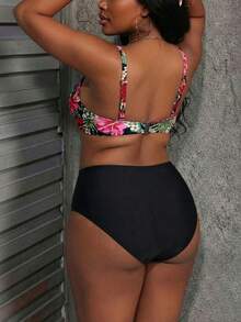 Plus Size Women Patchwork Floral Print Bohemian Beach Vacation Bikini Set Summer, Tummy Control - Black Floral Pattern - View 6