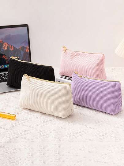 1/2 Set Solid Color Striped Multi-Function Large Capacity Stationery Pouch Student Pencil Case (Fuzzy Style) Back To School Stationery Pencil Bag