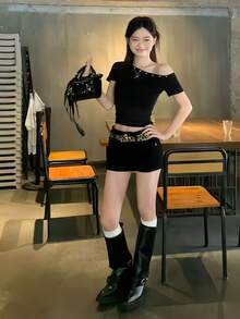 Yorily Asymmetrical Ruched Waist T-Shirt For Women, Asymmetric Asymmetrical Shoulder Crop Top With Short Sleeves, Summer Casual Black - Black - View 6