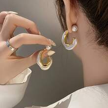 6Pcs French Design Heart Faux Pearl C-Shaped Earrings, Exaggerated Luxury Asymmetrical Dangle Earrings For Women, Fashionable Jewelry For Daily Wear, Party And Banquet - Multicolor - View 6