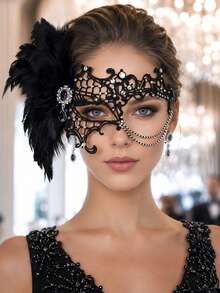 1pc Black Lace Masquerade Mask With Rhinestone Tassel, Gothic Venetian Eye Mask, Halloween Carnival Wedding Evening Party Women's Costume Accessory - Black - View 2