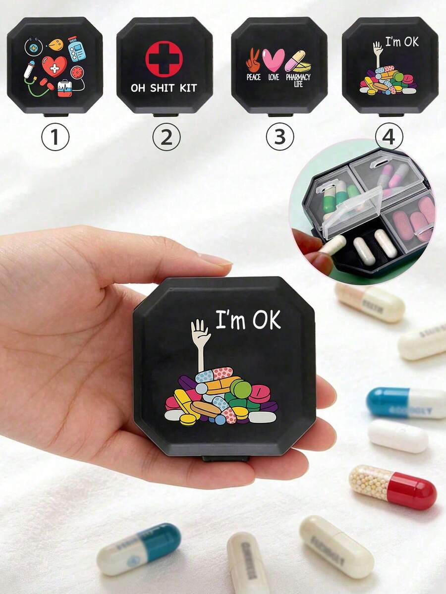 Portable Octagonal Divided Pill Box, Unisex Pill Box With Funny Capsule, Pill, Letter, And Medicine Bottle Patterns, Waterproof Mini Travel Pill Box, Portable First Aid Kit, 6-Compartment Capsule/Pill Storage Box, Travel Pill Box, Moisture-Proof Pill And Vitamin Container Dispenser, Essential For Travel And Home, Lightweight Pocket-Sized, Dust-Proof Design, Suitable For Daily Commute, Hiking, Business Travel, Or Camping, Creative And Practical Gift - Multicolor - View 1