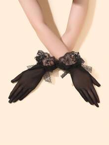 1 par de guantes sin dedos de encaje y malla para mujer, estilo gótico, protección solar transpirable de verano, guantes de encaje con lazo de estética oscura, guantes de tul para boda, guantes de encaje con ribete estilo Lolita - A - Ver 2