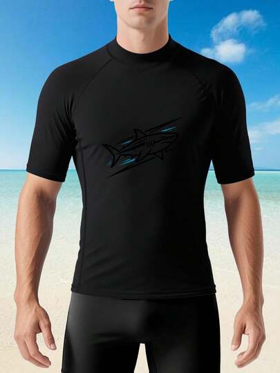 Speed Shark Silhouette Skin-Friendly Stretch Men Short Sleeve Surf Suit Casual Beach Lounging Top