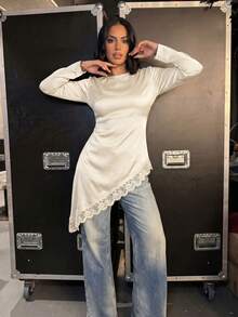 女款休閒蕾絲拼接上衣，純色長袖，前綁帶不對稱下擺套頭衫，野性基本優雅通勤街頭風 - 米色 - 查看 2