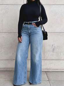 Plus Size Women's Vintage Casual Loose Straight Leg Denim Jeans Fall - Medium Wash - View 2