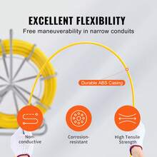 Cinta de Pescado de Fibra de Vidrio de 200,09m Diámetro de 7,94mm Extractor de Cables con Varilla para Pasar Cables, Soporte de Carrete de Acero, 3 Cabezales de Extracción, Herramientas de Pesca - 200,09 m Diámetro de 7,94 mm - Ver 3