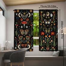 2pcs Bohemian Vintage Moon Phase Butterfly Mushroom Pattern Printed Semi-Sheer Curtains, 90GSM Polyester Semi-Sheer Privacy Protection, Easy Installation, Quick Dry, Washable, Non-Fading, Lightweight Removable Curtains, Suitable For Home, Room, Kitchen And Other Partitions Or Decoration - Multicolor - View 12