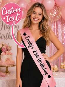 1pc Customizable Hot Pink Birthday Sash With Any Name/Age Number, Personalized Black Letter Happy Birthday Satin Shoulder Strap Perfect For Sweet 16Th - Multicolor - View 4