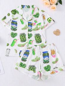 2PC/Women's Pajama Set, Cucumber Bow Print, Collar Short Sleeve Shirt+ Shorts, Comfortable Home Clothes, Four Seasons Pajamas, Can Be Worn Outside - 白色 - 查看 1