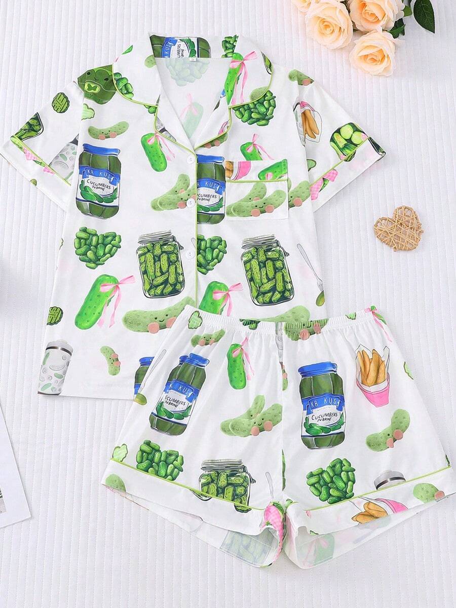 2PC/Women's Pajama Set, Cucumber Bow Print, Collar Short Sleeve Shirt+ Shorts, Comfortable Home Clothes, Four Seasons Pajamas, Can Be Worn Outside - 白色 - 查看 1