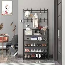 Senmeo 1Pc Multi-Functional 5-Tier Metal Shoe Storage Stand, Built-In 10 Double Coat Hooks Freestanding Organizer, Large Capacity Space Saver For Entryway/Living Room/Bathroom/Hallway - Black - View 11