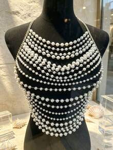 Hot-Selling Body Chain Necklace, Fashion Multi-Layer Pearl Exaggerated Jewelry, Metal Chain Splicing - Multicolor - View 7