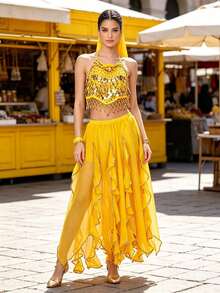 Bohemian Belly Dance Coin Sequin Halter Top, Side Slit Flowy Chiffon Wide Leg Pants For Market, Festival Carnival, Travel Photoshoot And Themed Event - Multicolor - View 15