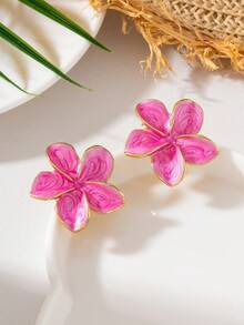 1對夏季度假海灘風浪漫優雅精緻奢華手工滴油漸層紮染粉色雞尾酒花耳釘耳環，女款 - 粉色 - 查看 3