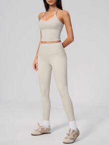 NcmRyu Women's One Set Solid Color Halter Tie U-Neck Backless Cropped Tank Top & High Waist Ankle Pants Sports Set - Grey - View 10