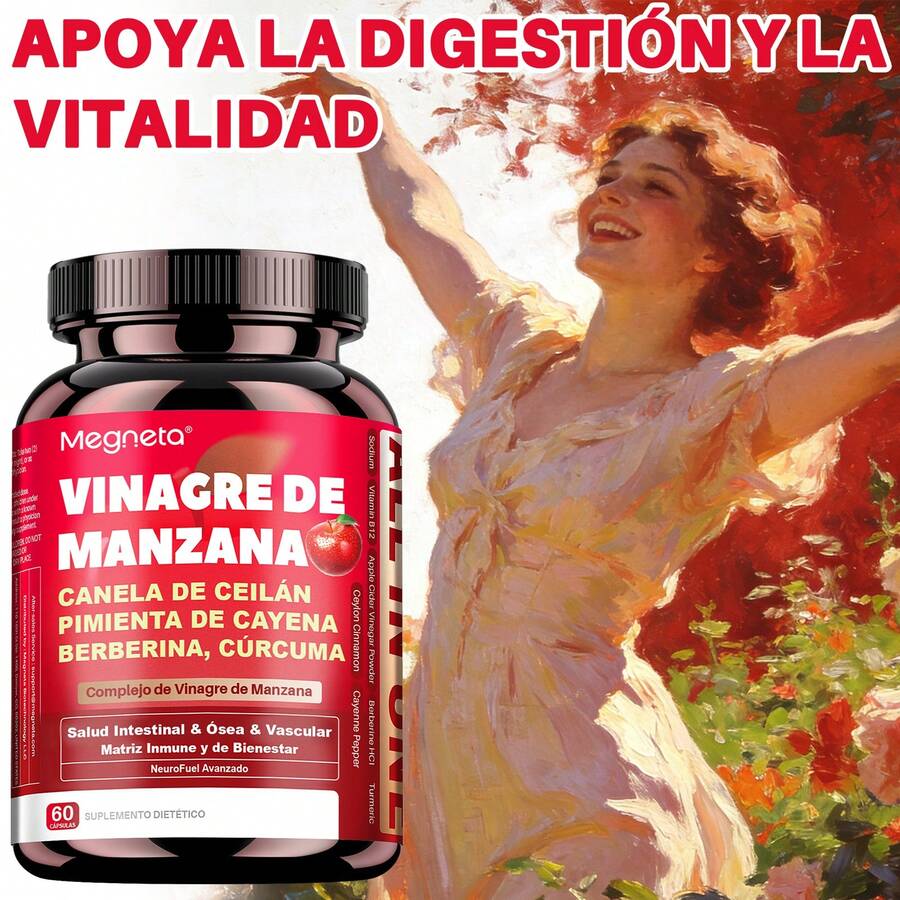 MEGNETA Cápsulas de Vinagre de Manzana | con Berberina, Cúrcuma, Vitamina B12, Canela de Ceilán y Pimienta de Cayena | Antioxidante, Apoya la Salud Vascular, el Sistema Nervioso y la Vitalidad Diaria - Una botella-prueba exclusiva - Ver 1