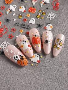 5D Embossed Clear Base Halloween Nail Stickers, Cute Ghost Pumpkin Skull Bat Spider Floral Self-Adhesive Nail Art Decals, Spooky Gothic Manicure Decorations For Halloween Party DIY Nail Supplies For Women Girls Acrylic Nails - Multicolor - View 9