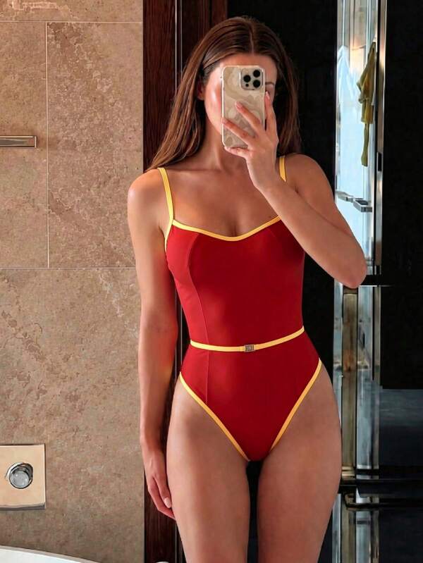 HOTTIE HABIT Traje de baño de una pieza sin mangas rojo con tirantes finos amarillos, alta elasticidad, traje de baño casual elegante de verano para mujer