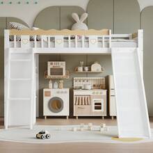 High Kids Bed Frame With Slide And Storage Cabinet - Natural and White - View 1