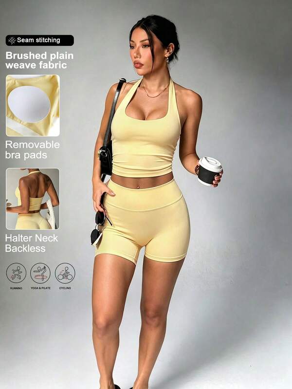 MFVIM Ensemble 2 pièces sport décontracté pour femmes, débardeur court à col licou, col en V et dos nu, short gainant ventre et liftant fesses, pour yoga, entraînement, gym et port quotidien