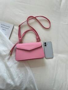1pc Pink Solid Color PU Small Square Handbag For Women - Pink - View 3