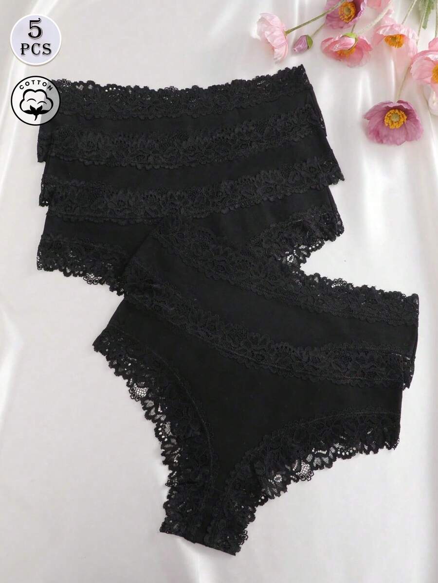 5件組純色蕾絲飾邊條紋三角內褲,性感透氣女款內衣 - 彩色 - 查看 1